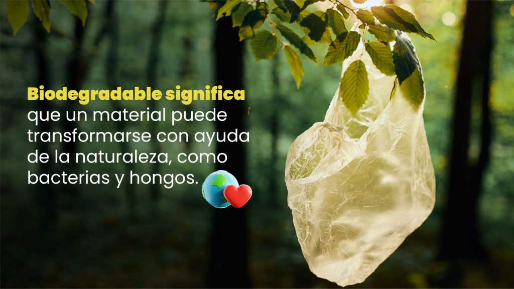 Bolsa de plástico biodegradable colgando en un bosque